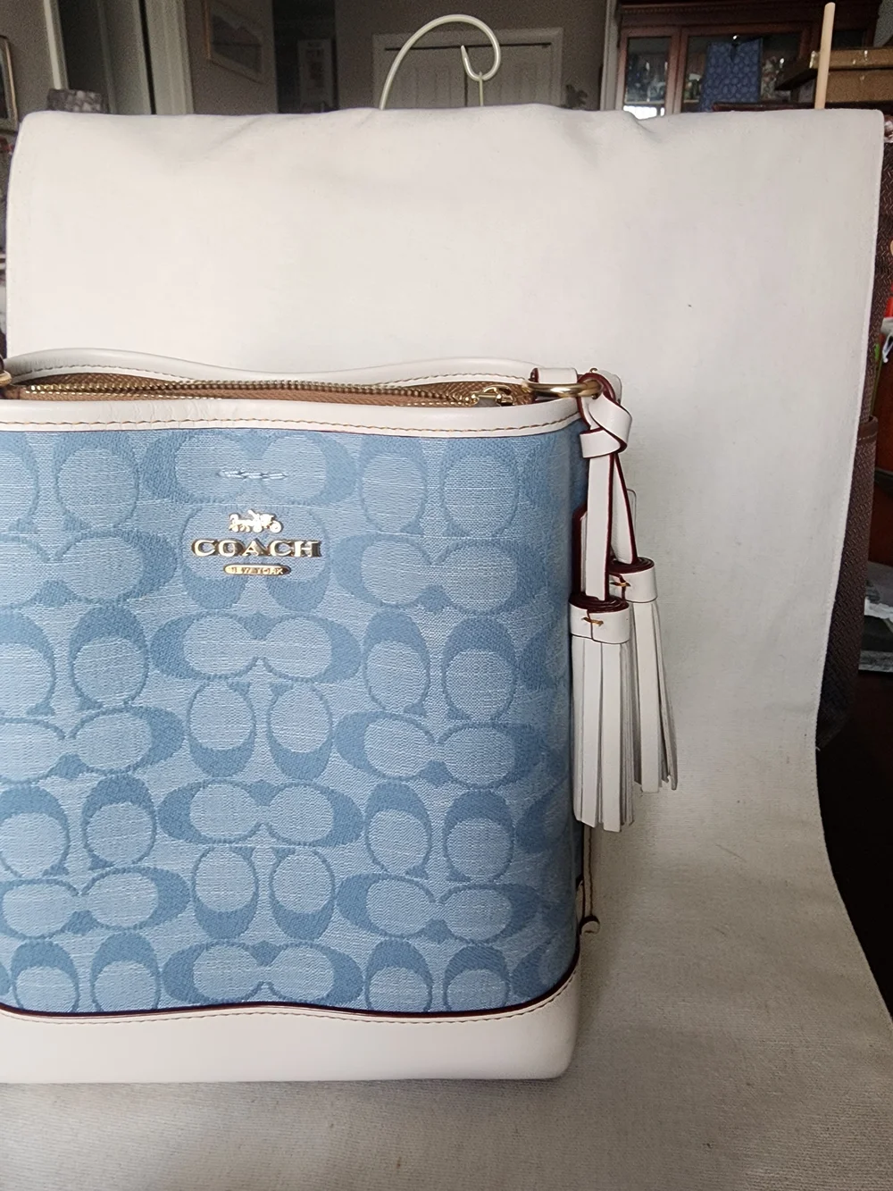 Coach Blue Signature Mollie Canvas Bucket Bag with Chalk Leather Trim